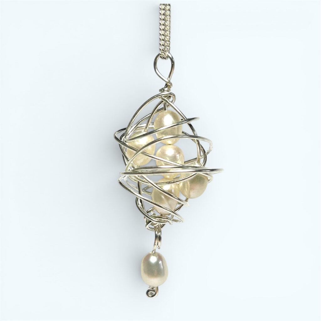 wire wrapped spiral pearl pendant